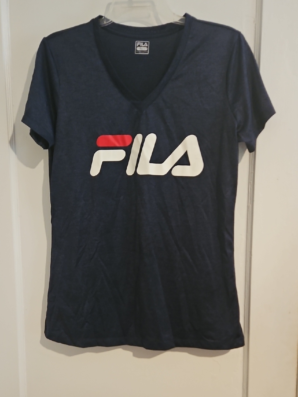 FILA Navy V-Neck Logo Tee with White and Red Accents Size Large